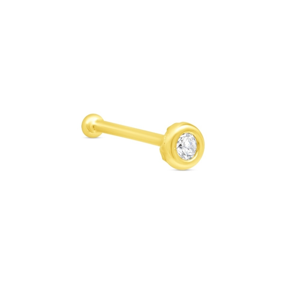 14k Yellow Gold Bezel Nose Stud With Clear Gem